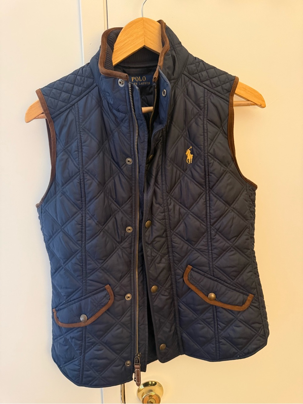 Ralph Lauren Navy Quilted Vest with Brown Trim and Polo Logo